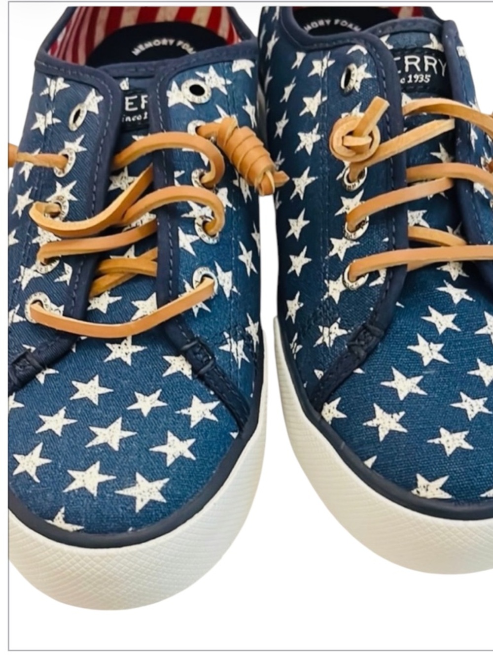 Sperry Chic Navy Pier View Stars Print Canvas Sneakers with Tan Laces Size 7 1/2 - Picture 3 of 7